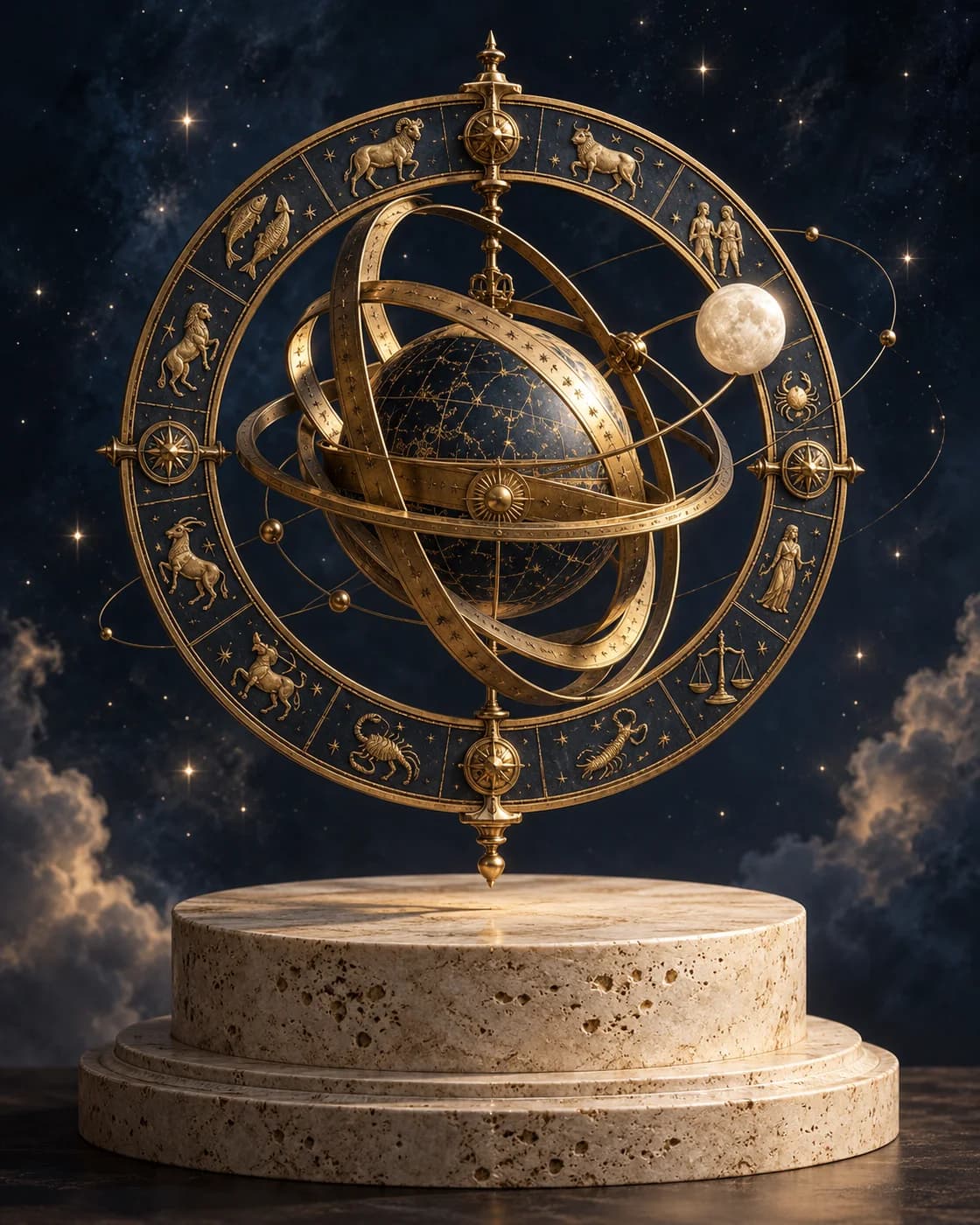 Antique brass celestial sphere with zodiac engravings and a pearlescent moon